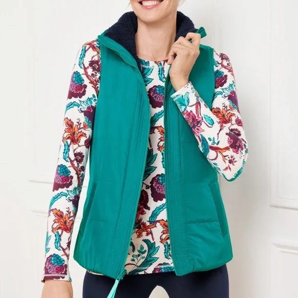 T By Talbots Teal and Navy Blue Reversible Sherpa Puffer Vest Size XL - Picture 2 of 12